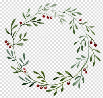 Wreath Christmas Watercolor painting Illustration, Green plant hollow round border, green and red floral Christmas wreath transparent background PNG clipart