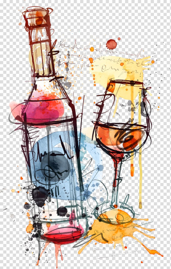 Red Wine Bottle RosÃ© , Watercolor wine glass and bottle Pino, liquor bottle and wine glass artwork transparent background PNG clipart