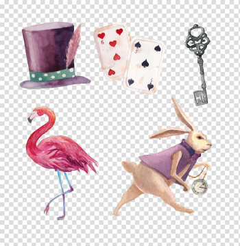 Rabbit, flamingo, playing card, magician hat, and playing cards illustration, Watercolor painted rabbit hat Keys poker transparent background PNG clipart