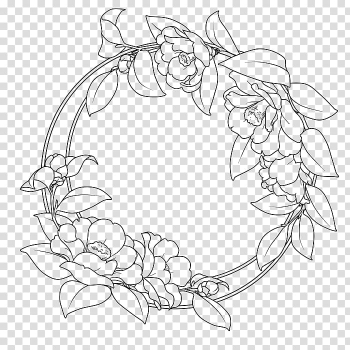 Flower , Camellia round border artwork, black and white floral wreath decor transparent background PNG clipart