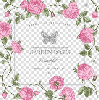 Wedding invitation Birthday cake Wish Greeting card, Vintage Rose decorative borders, Garden Roses Beautiful text transparent background PNG clipart