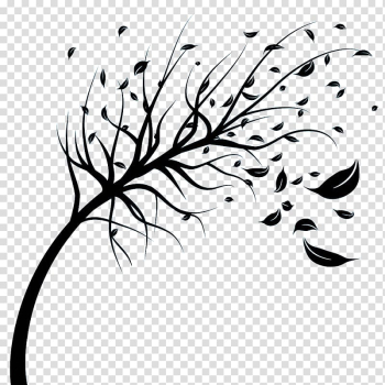 Black leaves on tree branch , Wind Tree , Black wind blowing leaves silhouette transparent background PNG clipart