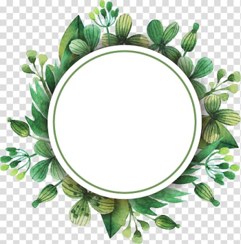 Round white and green floral illustration, Flower Tulip , Painted green leaves border transparent background PNG clipart