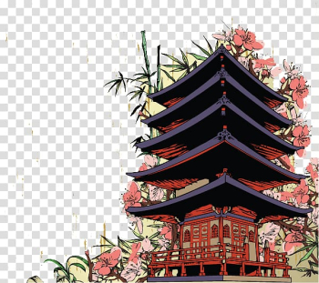 Red temple surrounded with flowers illustration, Japan Mural Wall decal, Japan Mulou transparent background PNG clipart