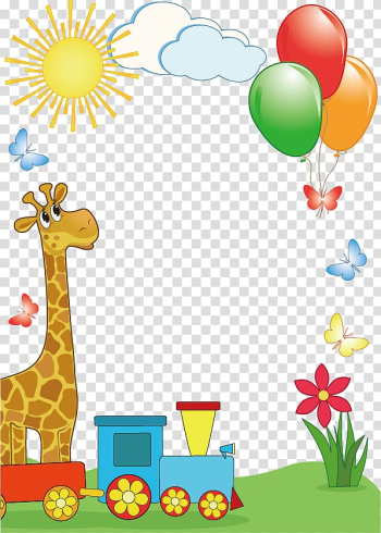 Frame Child, Children frame design pattern material, giraffe riding a train under the sun animated graphics transparent background PNG clipart
