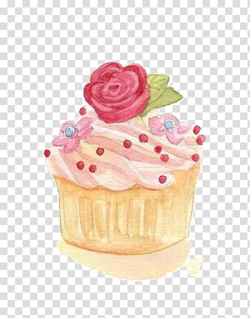 Brown and pink cupcake illustration, Cupcake Watercolor painting Illustration, Rose cake transparent background PNG clipart