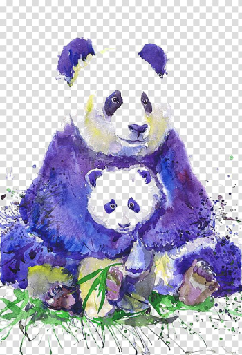 Panda and cub paitning, Giant panda T-shirt Watercolor painting Artist trading cards, Cartoon panda transparent background PNG clipart
