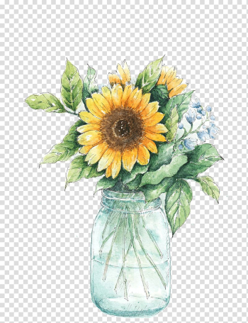 Sunflower in glass Jar vase illustration, Common sunflower Vase Painting, Vase of sunflowers transparent background PNG clipart