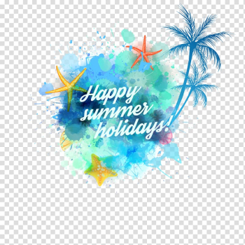 Happy summer holidays! text, Summer, Summer coconut and starfish transparent background PNG clipart