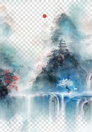 Chinese art Asian art Chinese painting Illustration, Antiquity beautiful watercolor illustration, body of water surrounded by tree near to castle painting transparent background PNG clipart