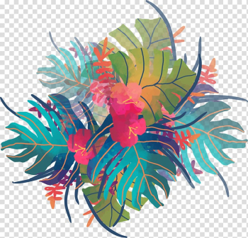 Watercolor painting Tropics, Watercolor tropical plants, blue, green, and teal leaves digital illustraiton transparent background PNG clipart