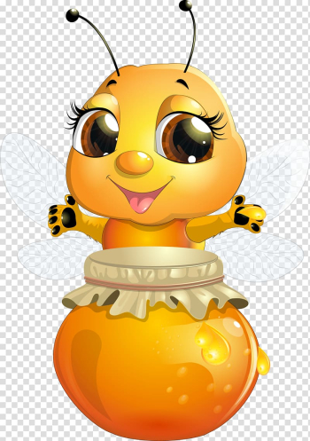 Bee and honey filled with jar , Bee Cartoon Insect , Cute bee transparent background PNG clipart