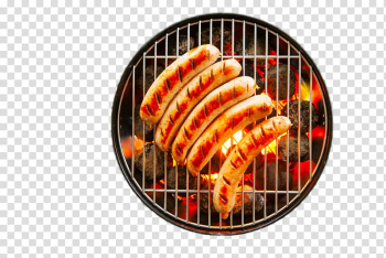 Sausage on grill, Sausage Bratwurst Barbecue Grilling Steak, Grilled sausages on iron plate transparent background PNG clipart