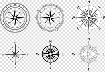 Six assorted compass , Compass rose Wind rose, black compass transparent background PNG clipart