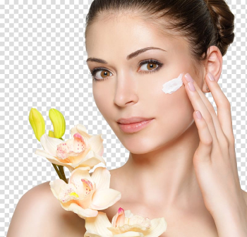 Woman's face, Lotion Cosmetics Face Cream Beauty, Beauty makeup and flowers transparent background PNG clipart