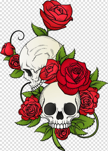 Skulls and rose flowers , Calavera Skull Rose T-shirt Drawing, hand painted skull and flowers transparent background PNG clipart