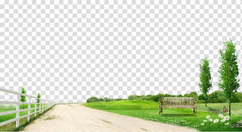 Beige road beside bench on green grass, Computer file, Flowers and grass path to pull material Free transparent background PNG clipart