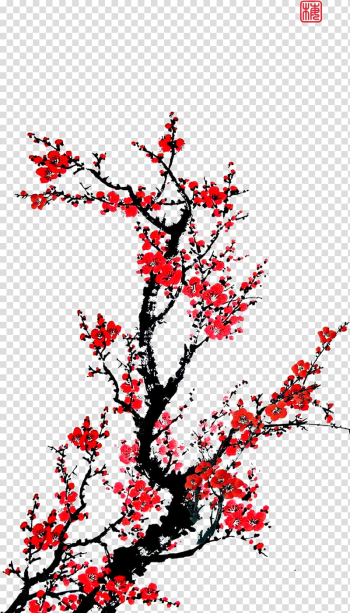 Red flowering cherry blossom tree illustration, Plum blossom Daoist temple, Flowers,flowers,Plum flower transparent background PNG clipart