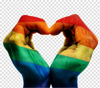 Multicolored illustration of person's hands, LGBT Homosexuality Gay, Gay Equality rainbow flag heart-shaped hands transparent background PNG clipart