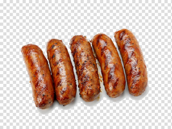 Five fried sausages, Sausage Hot dog Barbecue Stuffing, Grilled Sausage transparent background PNG clipart