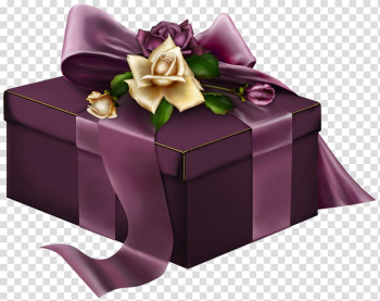 Purple gift box with ribbon and flowers, Christmas gift Purple , Purple 3D Present with Roses transparent background PNG clipart