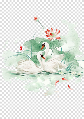 Two white swans , Poster Watercolor painting, Hand-painted swan transparent background PNG clipart