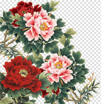 Illustration of red and pink petaled flowers, Moutan peony Chinese painting, Peony transparent background PNG clipart