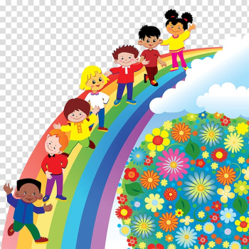 Group of children's walking on rainbow illustration, Pre-school Child Classroom Education, rainbow transparent background PNG clipart