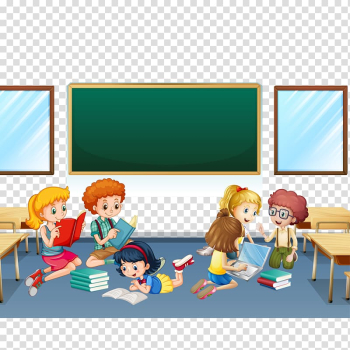 Children inside classroom , Online game Equation Fruit Mathematics, Children in school reading illustration transparent background PNG clipart