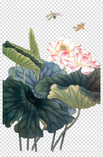 White and pink lotus flowers and dragonflies art, Ink wash painting Drawing Painter, Dragonfly pond Lotus painting transparent background PNG clipart