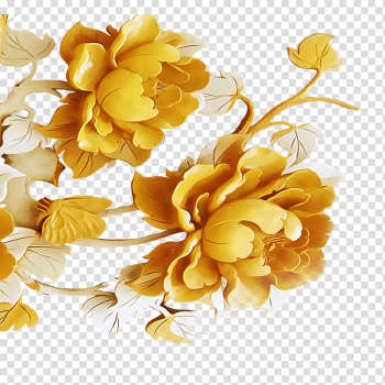 Yellow peony flowers in bloom illustration, Sculpture Wood carving, peony transparent background PNG clipart