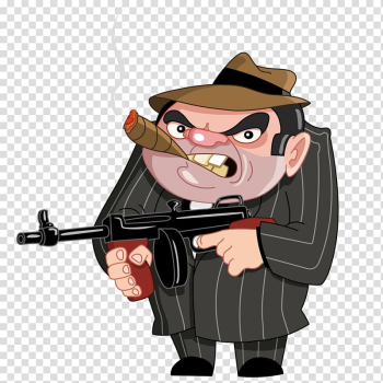 Man smoking while holding rifle illustration, Gangster Cartoon illustration, The fat man holding the machine gun transparent background PNG clipart