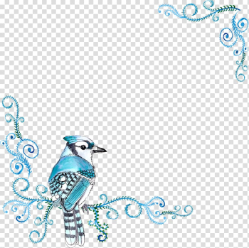Northern Blue jay bird graphic, Wedding invitation Paper Flower Watercolor painting, Blue watercolor curly flower rattan border transparent background PNG clipart