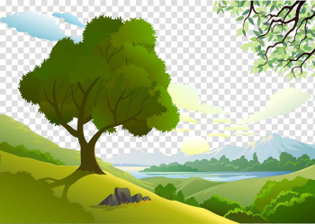 Green trees and mountain digital illustration, Landscape design Euclidean Drawing, Forest transparent background PNG clipart