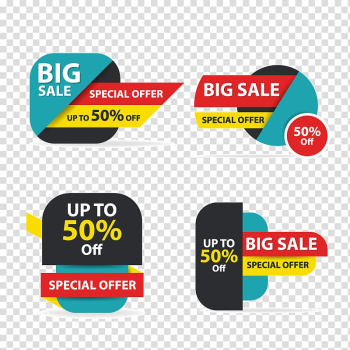 Sales Logo Banner, Colorful shopping sale flyer poster brochure template, discount sale elements for advertising, four Big Sale Special Offer stickers transparent background PNG clipart