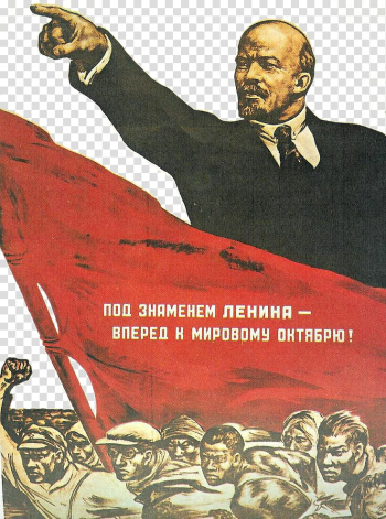 Man pointing above people and red banner illustration, Vladimir Lenin Propaganda in the Soviet Union Poster, Lenin guiding people\'s revolution transparent background PNG clipart