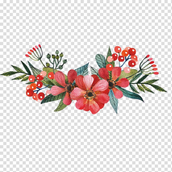 Red flower and berries swag , painted red flowers transparent background PNG clipart
