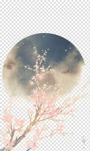 Japan Art Drawing , Beautiful,drawn illustration antiquity, cherry blossoms under moon transparent background PNG clipart
