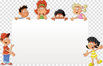 Six children standing on white board illustration, Child Cartoon Drawing , A group of children holding a white paper transparent background PNG clipart