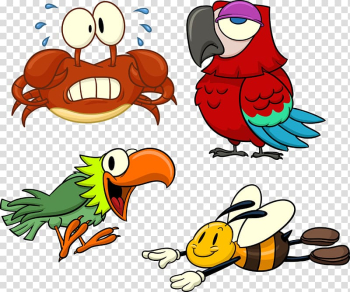 Four animals illustration, Lovebird Parrot Cartoon , bird crab bee animal transparent background PNG clipart
