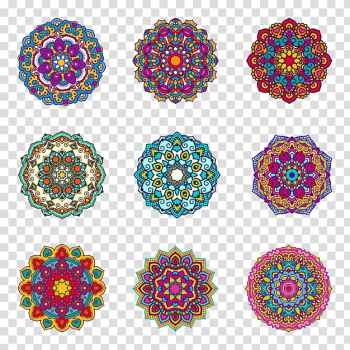 Nine assorted-color flower , Mandala Ornament Islamic geometric patterns Illustration, Color Ball Design transparent background PNG clipart