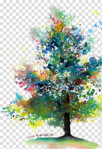 Green and multicolored leafed tree painting, Watercolor painting Drawing Tree, Drawing trees transparent background PNG clipart