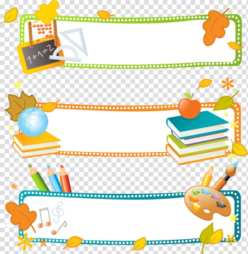 Three assorted-color-and-design border graphics, School Banner Education Illustration, books transparent background PNG clipart