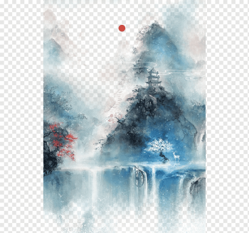 Chinese art Asian art Chinese painting Illustration, Antiquity beautiful watercolor illustration, body of water surrounded by tree near to castle painting, watercolor Painting, texture, watercolor Leaves png
