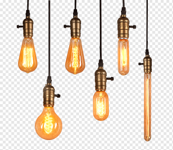 six pendant lamps illustration, Lighting Edison light bulb, light Fixture, lights, orange png
