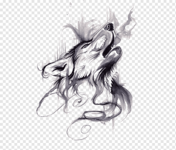 Gray wolf Tattoo ink Flash Drawing, Wolf, gray and black smoky effect illustration, watercolor Painting, painted, carnivoran png