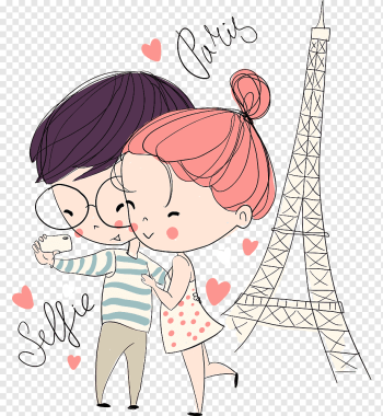 illustration of male and female taking selfie with Eiffel Tower, Girl Cartoon Drawing, bulk Couple, love, child, text png