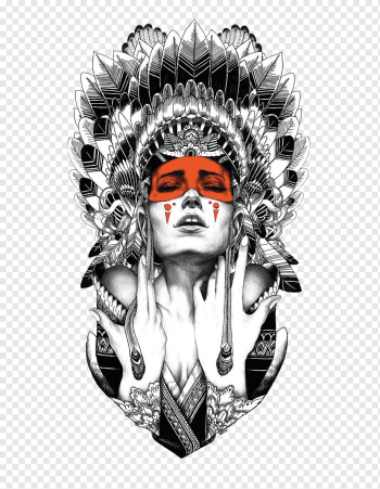 woman wearing war bonnet illustration, Tattoo artist Native Americans in the United States Indigenous peoples of the Americas Black-and-gray, others, ink, monochrome, fictional Character png