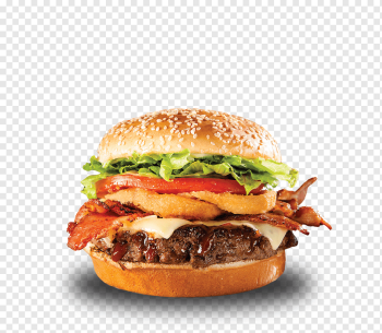 burger with lettuce, tomatoes, and bacon, Hamburger Cheeseburger Fatburger Veggie burger Patty, HAMBURGUER, food, recipe, cheeseburger png