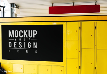 Hanging red sign mockup above yellow luggage .. | Free stock psd mockup - 534766